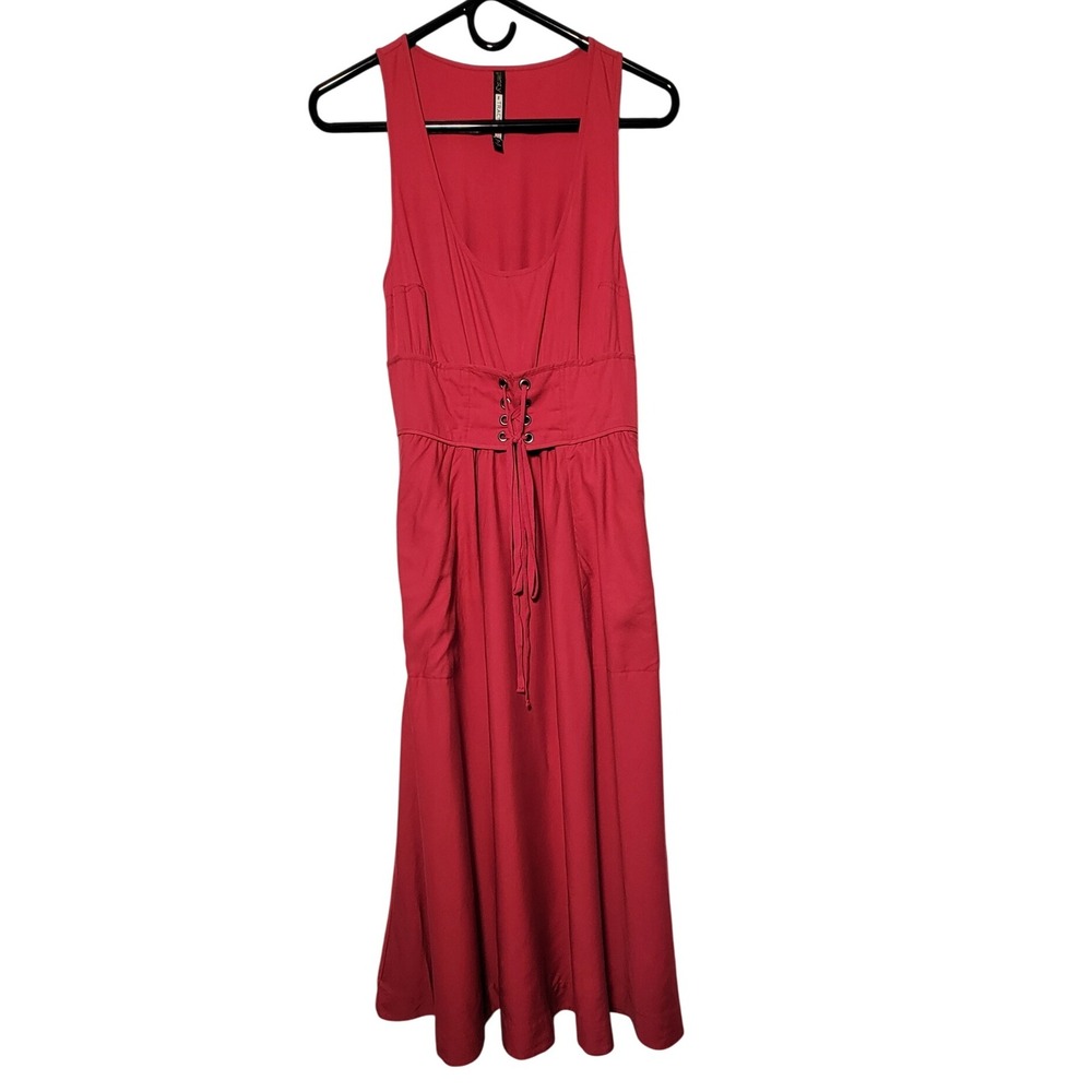Tracy Reese Red Lace Up Corset‎ Waist Midi Dress Women's Vacation Travel Beach
